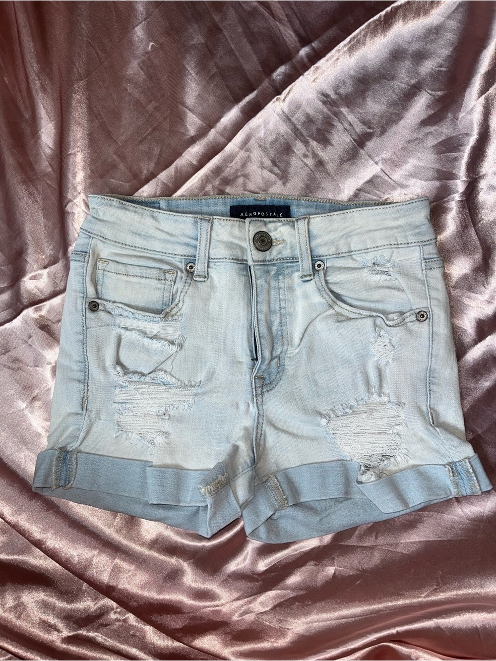 Aeropostale Light Blue Distressed Rolled Hem Denim Shorts